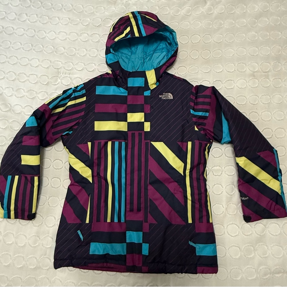 The North Face Youth colorful geometric ski/snow jacket.